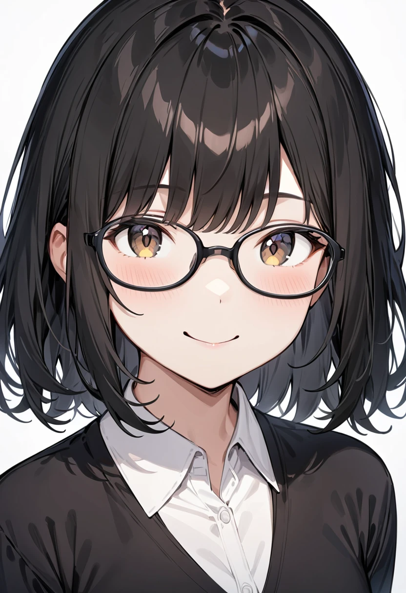 masterpiece, best quality, very aesthetic, absurdres,
1girl, solo, black hair, medium hair, smile, looking at viewer, upper body, collared shirt,
oval_cell, glasses, black-framed eyewear, 
white background, simple background,
 <lora:oval_glasses_cell-frame1_SDXL_V1:0.8>