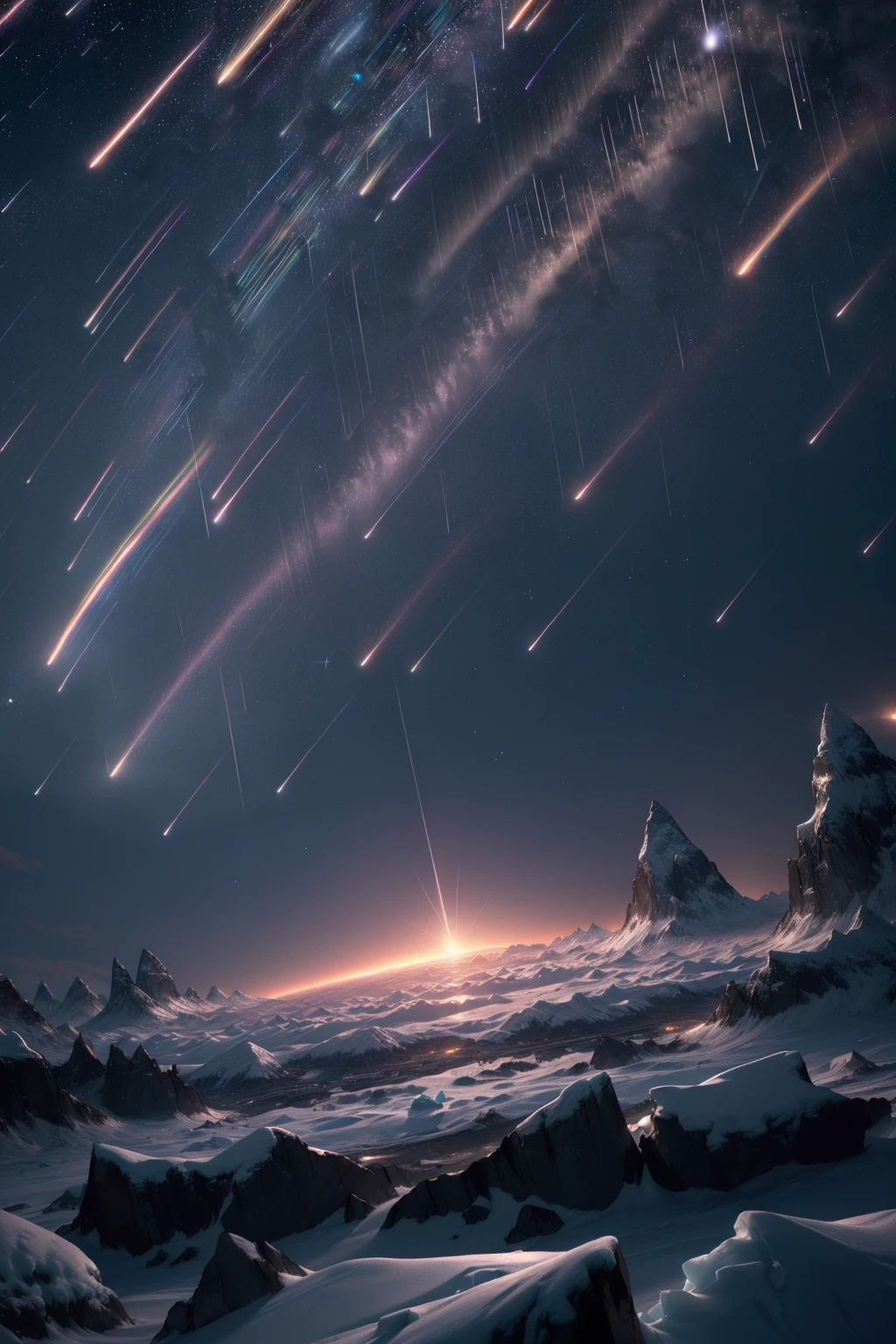 (extremely detailed CG unity 16k wallpaper, hyper detailed, delicate background, depth of field,ultra high res:1.3), (dark night:1.1),
(stars in the sky,polar,dusk and night:1.2),
<lora:meteorshower:0.6> (dense meteor, dense rainbow's colors meteor shower,dense shooting stars falling down,star trails :1.4)