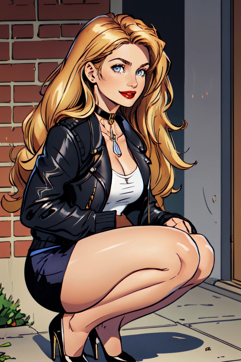 beautiful eyes, beautiful girl, high detail skin, high detail eyes, high detail hair, highres, ultra detailed, sharpen picture, Highly detailed, masterpiece, best quality, photorealistic,
 <lora:Wynonna EarpLora:0.8>1girl, blonde long hair, lipstick, cleavage, black leather jacket, choker, feathers, shirt, pencil skirt, high heels, squatting, in on office, sexy smile, white panties, from side