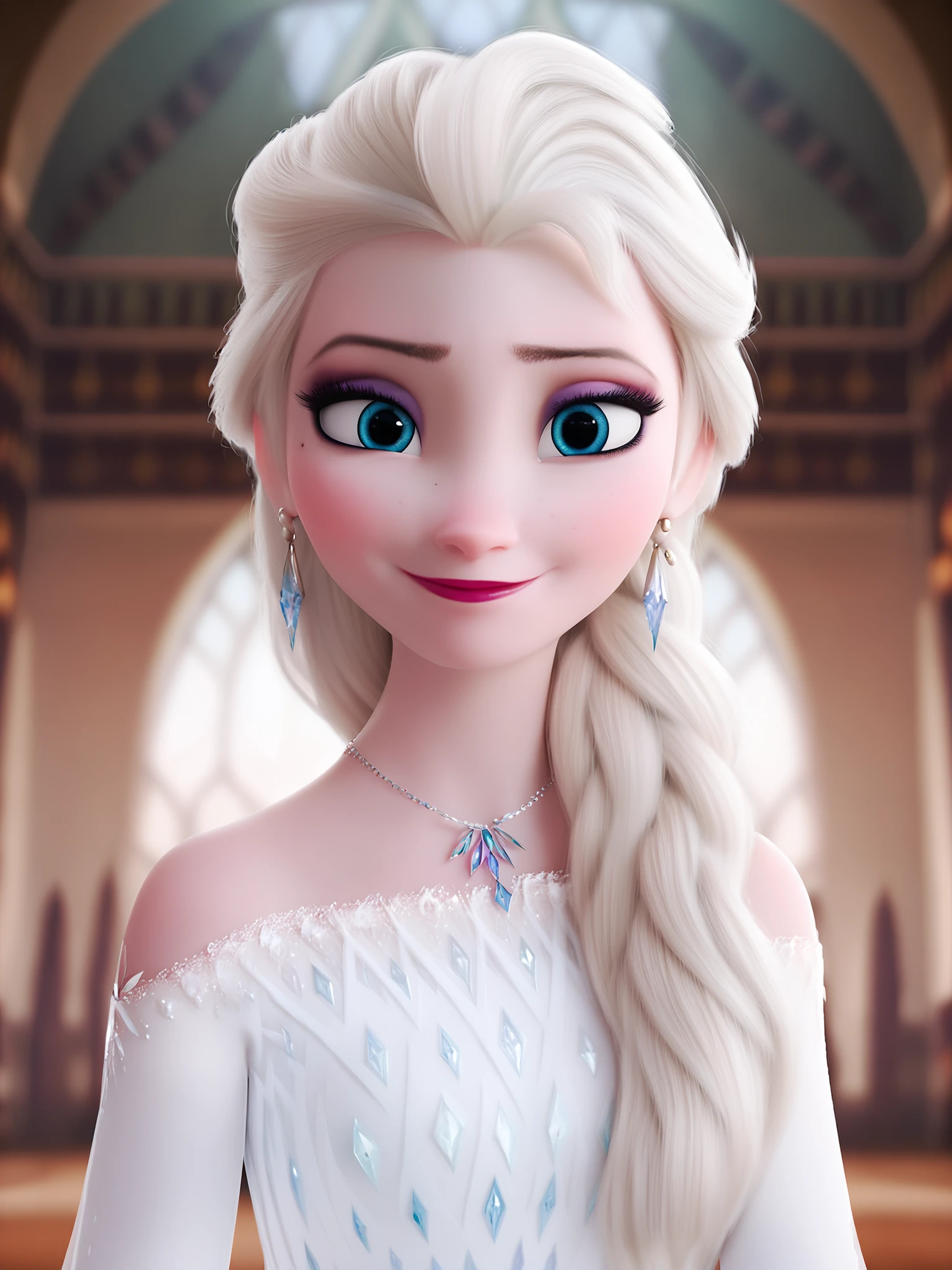 score_9, score_8_up, score_7_up, score_6_up, score_5_up, score_4_up,elsa \(frozen\) in the corridor of the library,(toplesss:1.3), looking at viewer,smile,smooth hair, Long earrings, oversized sapphire necklace,Elsa's White Dress ,upper body,long straight hair, worm light,upper body, incredibly absurdres,ultra-detailed, wallpaper,realistic,photorealistic,raw photo,masterpiece,best quality, Elsa's White Dress ,Arabian palace,Arabian palace,Arabian palace,Arabian palace,Arabian palace background,<lora:Frozen_elsa_textV1-PonyXL:0.9>