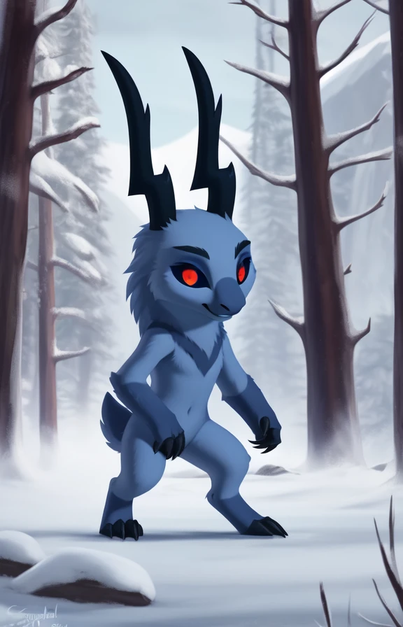 WendigoCartoonLQ  <lora:WendigoCartoonLQ:0.8> [road, earth, forest, trees, sky, clouds, mountains,]   black eyes, black sclera, claws, horns, gray fur, red round pupil,
blue textured fur, solo,  looking at viewer, to his full height,  (beautiful, aesthetic, perfect, delicate, intricate, masterpiece, )   chibi, (fighting stance)
by silgiriya mantsugosi, [[detailed Chunie lighting ]], [by personalami0.2], by cynicalstarr