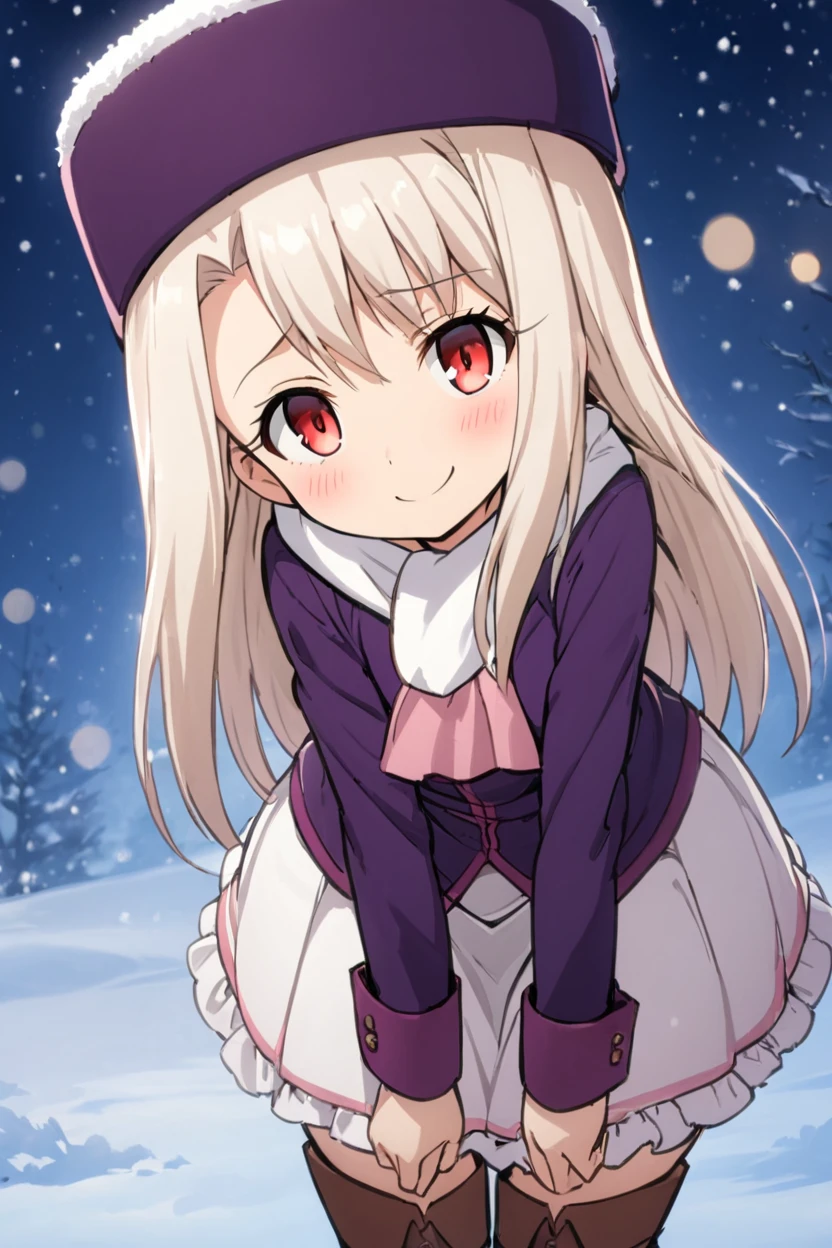 ((masterpiece,best quality)), highres, cute, eyelashes leaning forward, upper body, head tilt, raised eyebrow, illyasviel von einzbern, solo, long hair, red eyes, white hair, skirt, shirt, long sleeves, boots, ascot, white skirt, frilled skirt, purple shirt, hat, boots, scarf, coat, capelet, white scarf, purple headwear, fur hat, papakha, smile, wide hips, snow, night, blush, bokeh, luminescent background <lora:illyasviel_von_einzbern-sdxl-nochekaiser-000008:0.8>,