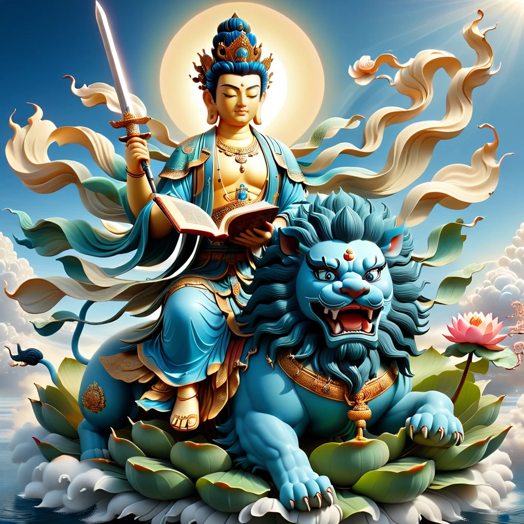 hyper-realistic style,(Buddha statue:1.2) of Manjushri with (heavenly apparel:1.1),(five tufts of hair:1.1),one hand (holding a sword:1.2),and the other (holding a ruyi or an ancient book:1.1),(riding a blue lion:1.2),comfortable and leisurely (sitting on a lotus:1.1) atop an (independent cloud:1.1) in the sky,with a gentle breeze. Composition is a (birdâs-eye view:1.1) with a (380-degree perspective:1.1),(background:0.9) of the ocean and dawn. Image is filled with (nuanced light and shadow:1.2),(cinematic style:1.1),(12K resolution:1.2),(exquisitely realistic details:1.3),ultra-high quality,ultra-clear,<lora:SDXLä½åææ®è©è©-000002:1>,