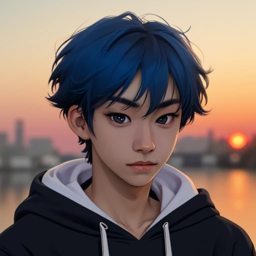 1boy, solo, hwatemp, portrait,( focus on face:1.2), male focus, looking at the viewer, early twenties, blue hair. BREAK,
(black eyes:1.2), BREAK,
short hair, blurred background, surprise, hoodie, sunset, <lora:Hwarang_TEMPEST:1>