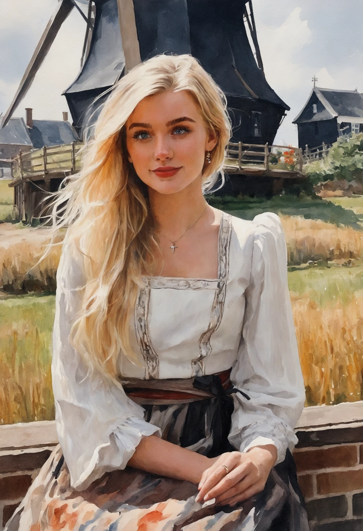painting of beautiful 25 year-old eva_vlaardingerbroek, watercolor, impressionist, medium shot, dressed in a traditional dutch dress with a windmill in the background, (by Alyssa Monks:1.1), Masterpiece, highly detailed, <lora:eva_v_50:0.8>