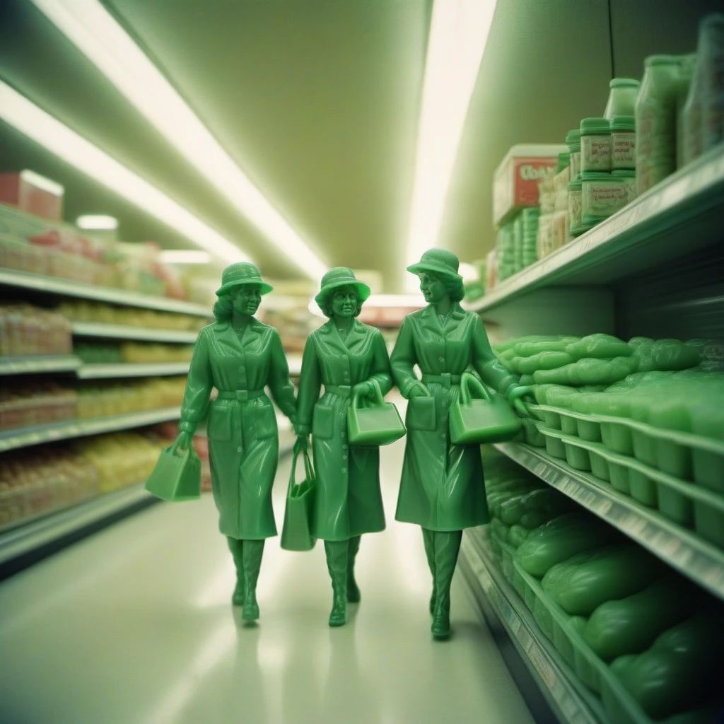 analog film photo green plastic toy women shopping in a grocery shopping  <lora:GreenArmyMen1024:0.8> . faded film, desaturated, 35mm photo, grainy, vignette, vintage, Kodachrome, Lomography, stained, highly detailed, found footage