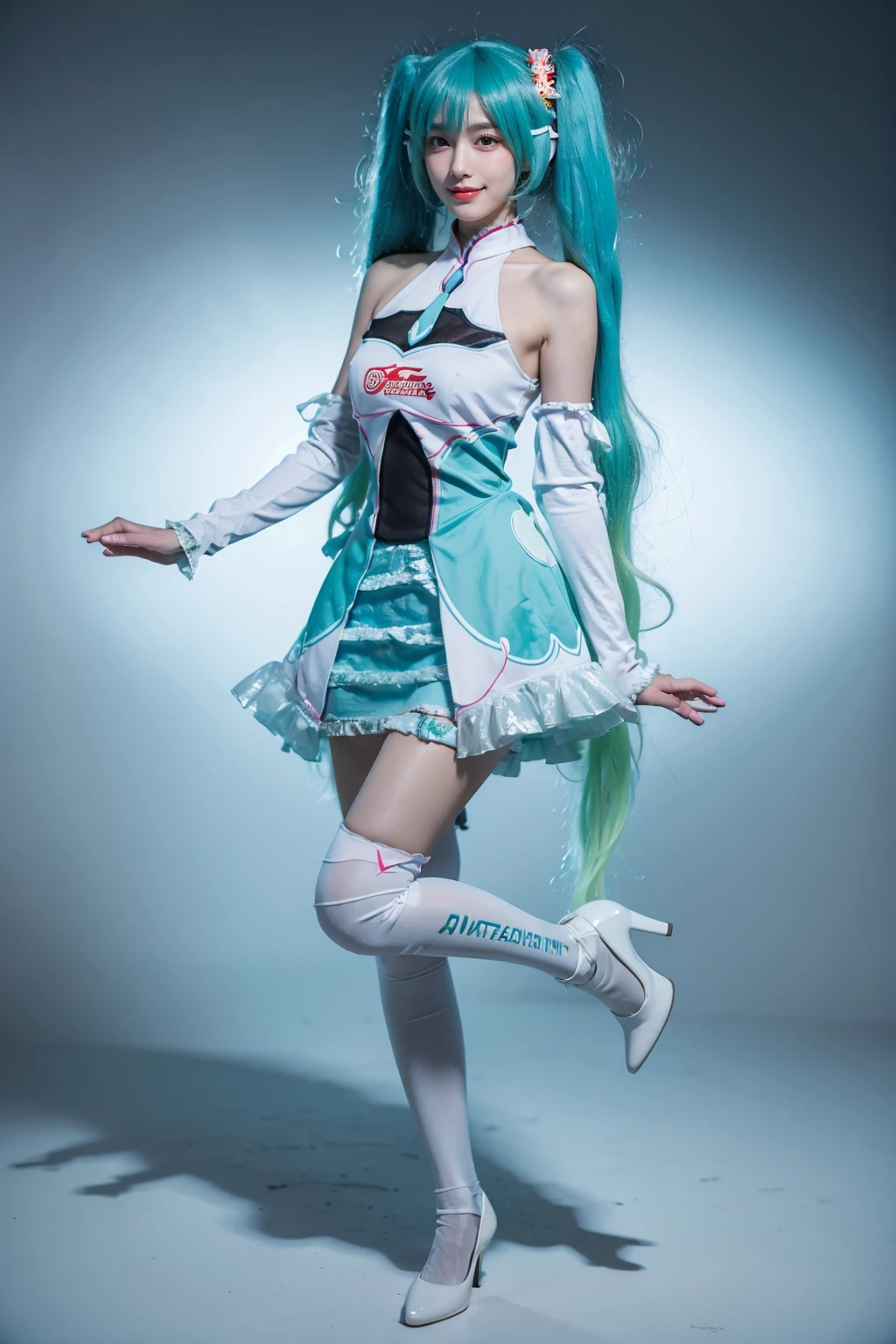 best quality, masterpiece, realistic, photorealistic, 1girl, solo, looking at viewer, smile, standing, full body, hatsune miku cosplay costume, cosplay, racing miku, hatsune miku, twintails, very long hair, aqua hair, hair ornament, dress, sleeveless, bare shoulders, detached sleeves, thighhighs, print legwear, high heels, grey background, <lora:miku_cosplay_Racing2017_v1:0.65>