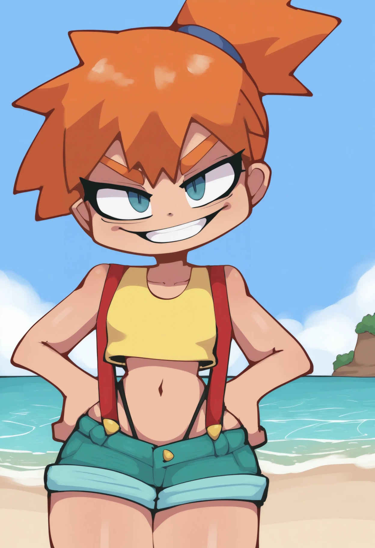 score_9, score_8_up, score_7_up, score_6_up, score_5_up, score_4_up, BREAK gummo, misty \(pokemon\), orange hair, wearing a yellow crop top and a short shorts, thong, suspenders, challenging the viewer, smirk, BREAK, sand, sea, blue sky, tropical island background  <lora:GummoXLLocon:1>