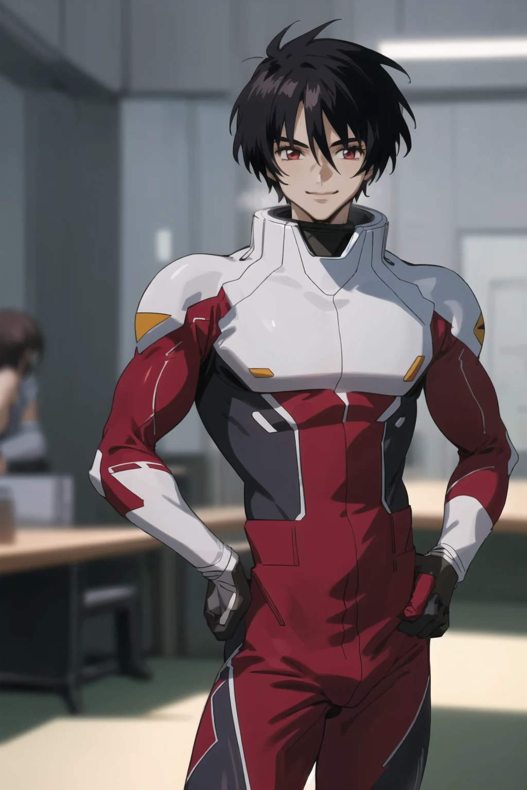 (masterpiece,best quality,high quality,ultra detailed,8K,highres),muscle,shinn asuka,1boy,standing,sexy pose,(bulge:1.2),looking at viewer,smile,anime,blurred background,in the room,portrait,handsome,nice hands,perfect hands,<lora:shinn_asuka:0.8>,nsfw,