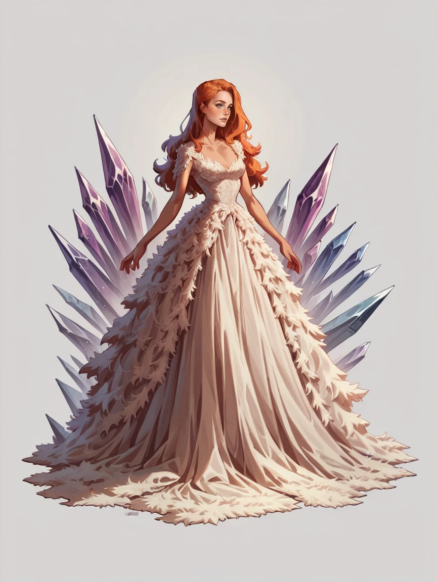 score_9, score_8_up, score_7_up, score_6_up, score_5_up, score_4_up, woman,  <lora:s4ltXLP2:0.5> s4lt, white gown, long hair, purple background, ginger hair, full body, crystals,purple, blue