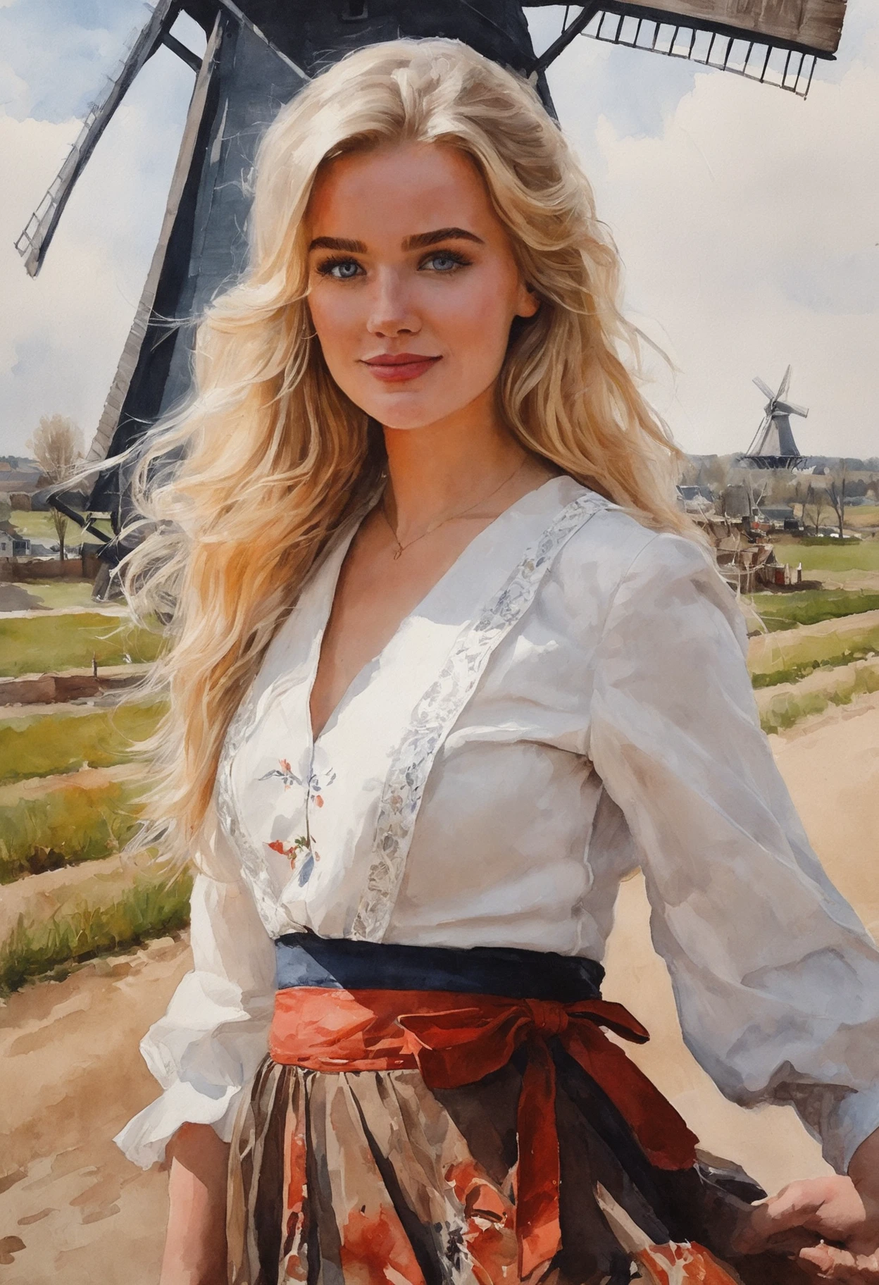painting of beautiful 25 year-old eva_vlaardingerbroek, watercolor, impressionist, medium shot, dressed in a traditional dutch dress with a windmill in the background, (by Alyssa Monks:1.1), Masterpiece, highly detailed, <lora:eva_v_50:0.8>
