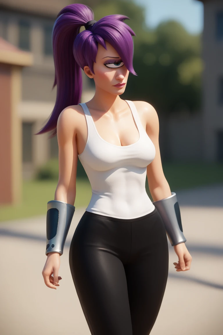 score_9, score_8_up, score_7_up, score_6_up BREAK, 1girl, solo, breasts, <lora:turangaleela-guy-PONYv1:1>, turangaleela, one-eyed, eyeshadow, ponytail, tank top, cleavage, black pants, gauntlets, depth of field, toned, wide hips,
