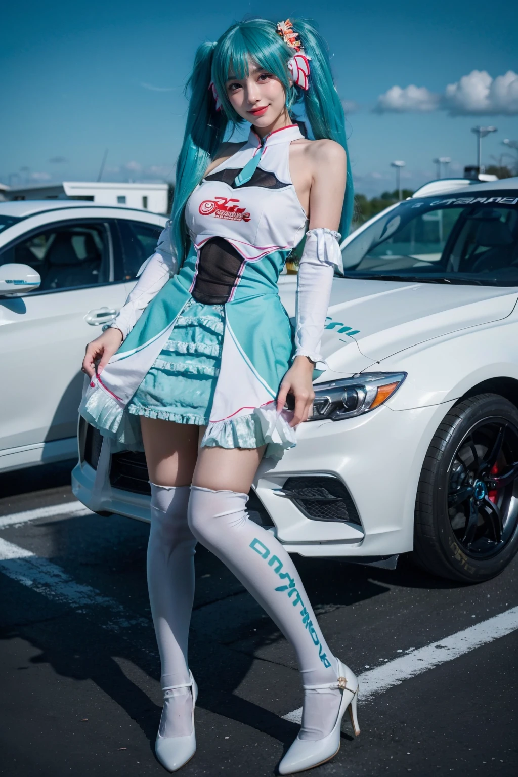 best quality, masterpiece, realistic, photorealistic, 1girl, solo, looking at viewer, smile, standing, full body, hatsune miku cosplay costume, cosplay, racing miku, hatsune miku, twintails, very long hair, aqua hair, hair ornament, dress, sleeveless, bare shoulders, detached sleeves, thighhighs, print legwear, high heels, racing track, race vehicle, racecar, <lora:miku_cosplay_Racing2017_v1:0.65>