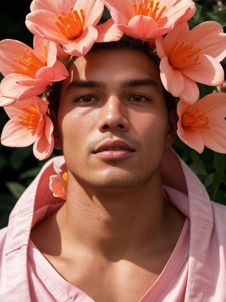 close up portrait photo of man wearing light pink and orange flowers