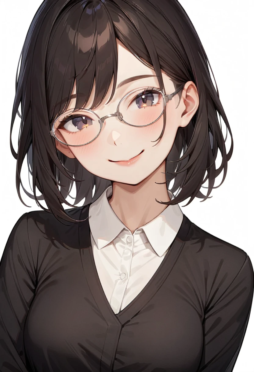 masterpiece, best quality, very aesthetic, absurdres,
1girl, solo, black hair, medium hair, smile, looking at viewer, upper body, collared shirt,
oval_metal, glasses, grey-framed eyewear, 
white background, simple background,
 <lora:oval_glasses_metal-frame2_SDXL_V1:1>