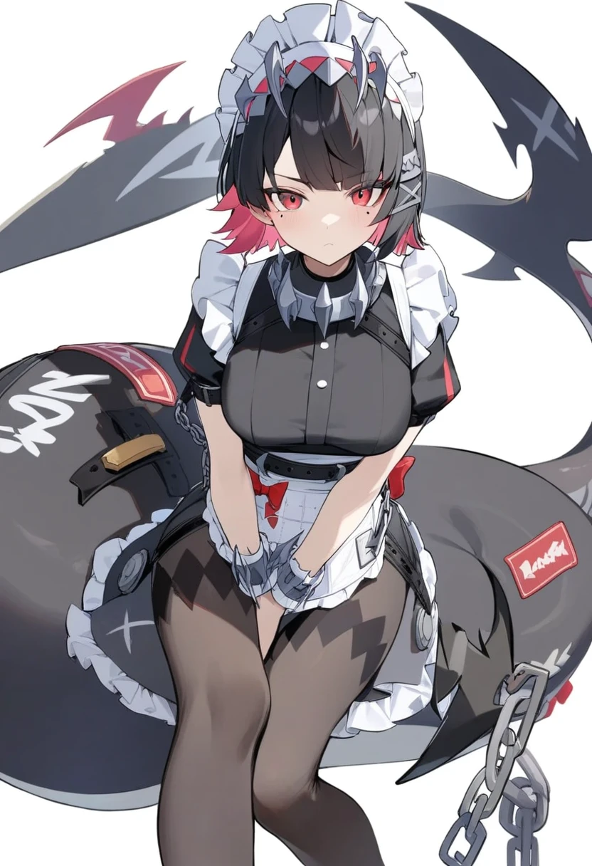 masterpiece,best quality,very aesthetic,absurdres,<lora:iellen_joe_xl:1>,white_background, black_skirt, arms_between_legs, solo, brown_pantyhose, maid_headdress, 1girl, frilled_skirt, highres, closed_mouth, absurdres, foot_out_of_frame, fins, ellen_joe, chain, mole_under_eye, cleavage, simple_background, commentary_request, looking_at_viewer, bare_shoulders, arm_belt