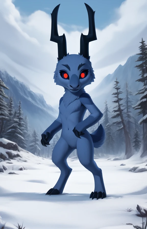 WendigoCartoonLQ  <lora:WendigoCartoonLQ:0.8> [road, earth, forest, trees, sky, clouds, mountains,]   black eyes, black sclera, claws, horns, gray fur, red round pupil,
blue textured fur, solo,  looking at viewer, to his full height,  (beautiful, aesthetic, perfect, delicate, intricate, masterpiece, )   chibi, (fighting stance)
by silgiriya mantsugosi, [[detailed Chunie lighting ]], [by personalami0.2], by cynicalstarr