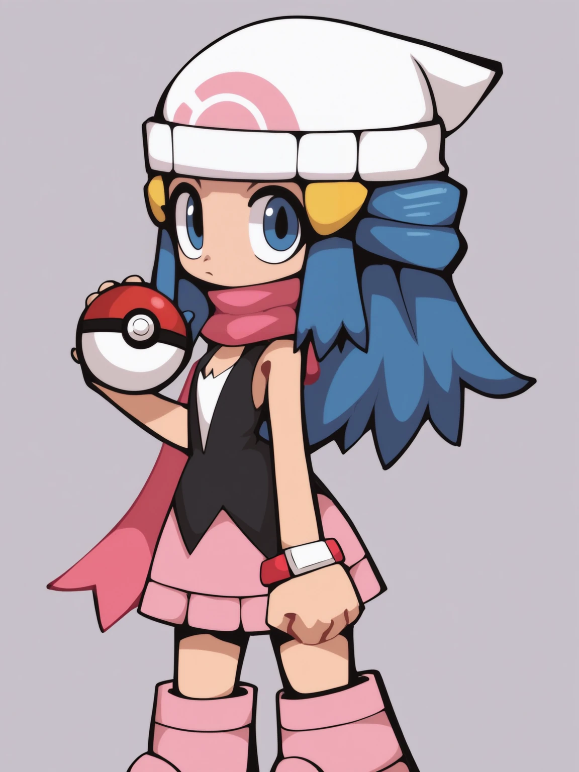 score_9, score_8_up, score_7_up, score_6_up, score_5_up, score_4_up, BREAK , gummo, 1girl, dawn \(pokemon\), beanie, long hair, blue hair, blue eyes, black sleeveless shirt, pink scarf, pink skirt, pink boots, holding pokeball, standing, contrapposto, solo, simple background <lora:GummoXLLocon:1>
