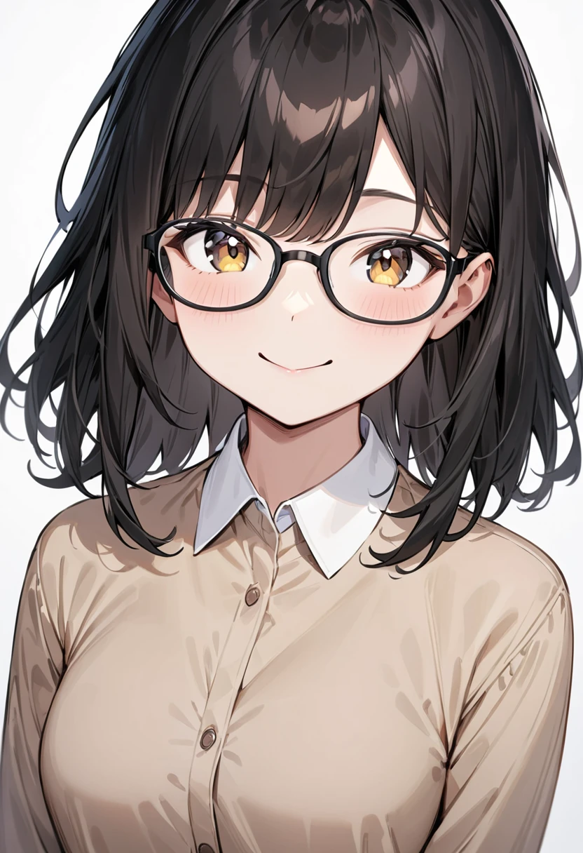 masterpiece, best quality, very aesthetic, absurdres,
1girl, solo, black hair, medium hair, smile, looking at viewer, upper body, collared shirt,
oval_cell, glasses, black-framed eyewear, 
white background, simple background,
 <lora:oval_glasses_cell-frame1_SDXL_V1:0.8>