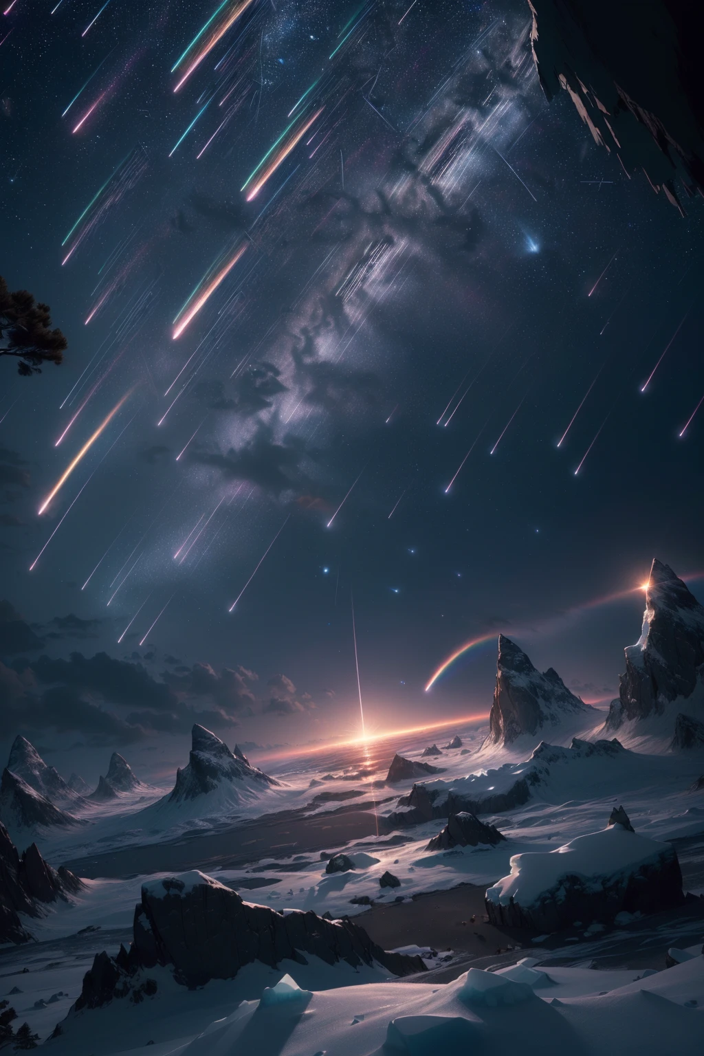 (extremely detailed CG unity 16k wallpaper, hyper detailed, delicate background, depth of field,ultra high res:1.3), (dark night:1.1),
(stars in the sky,polar,dawn and night:1.2),
<lora:meteorshower:0.6> (dense meteor, dense rainbow's colors meteor shower,dense shooting stars falling down,star trails :1.4)