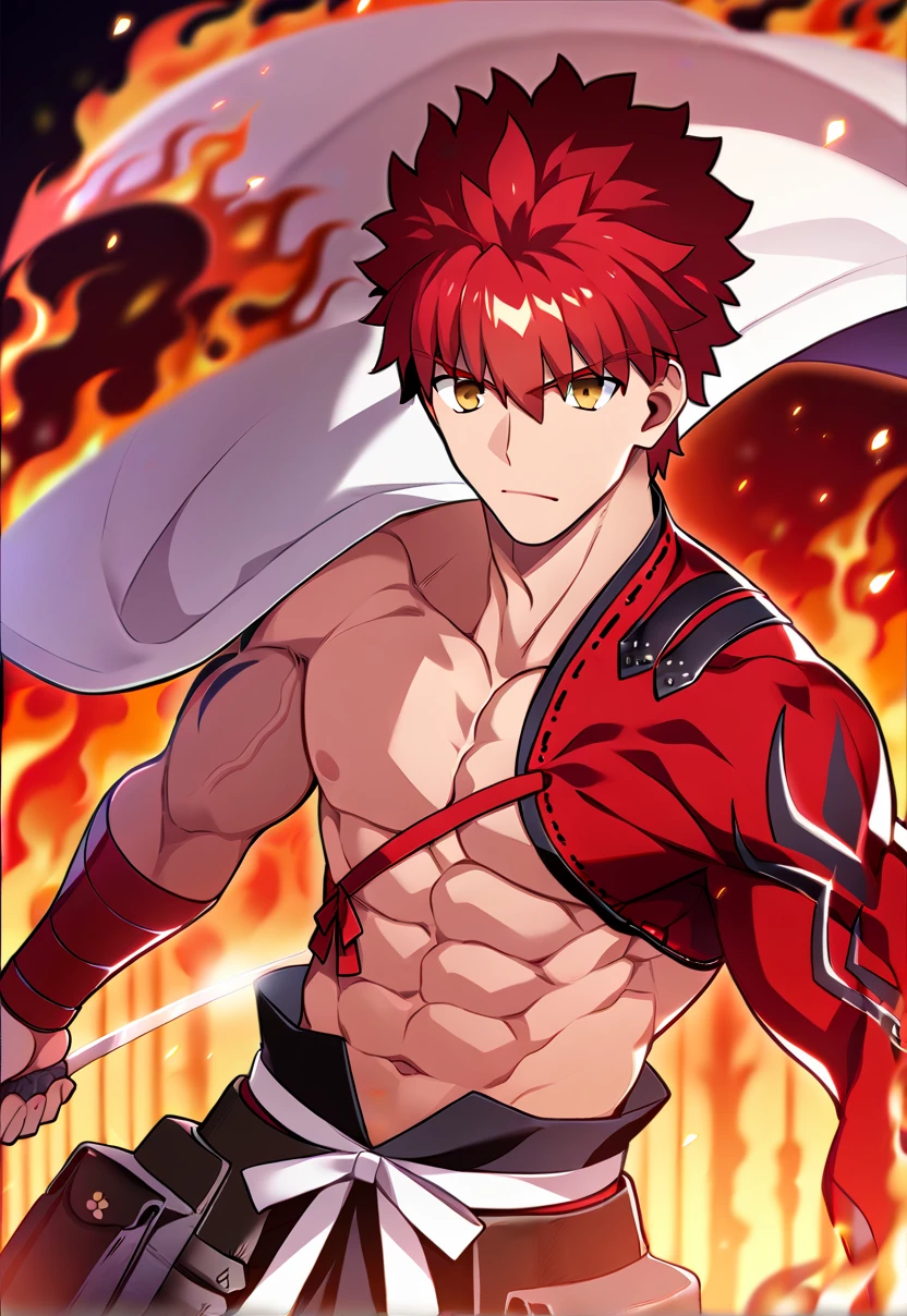 2boys, male focus, muscular male, best quality, amazing quality, best aesthetic, absurdres, official style, year 2023, game cg,  <lora:SenjiMuramasaFATEPONY:1> senji_muramasa_(fate), red hair, yellow eyes, igote, holding sword, katana, abs, nipples, navel, burning katana, unlimited blade works \(fate\), fire, serious,