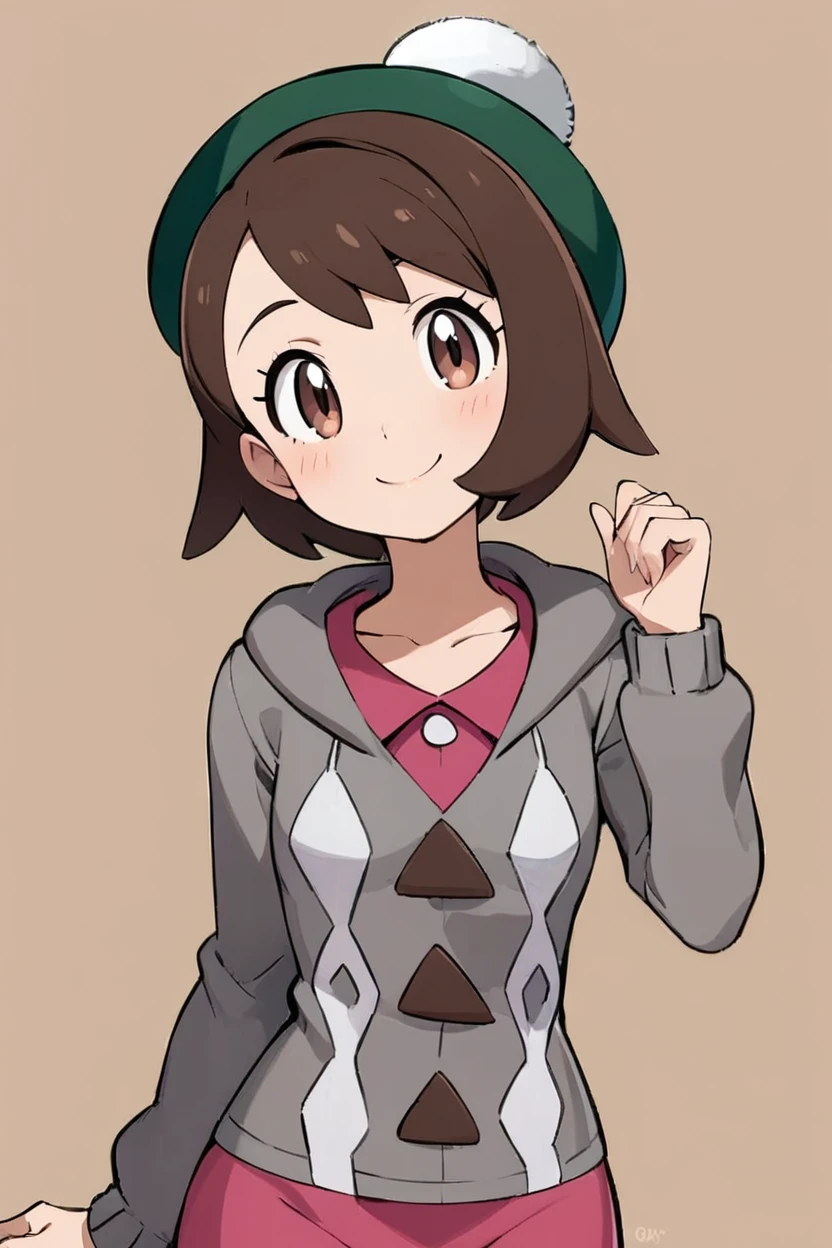((masterpiece,best quality)), highres, cute, curvy, eyelashes, gloria \(pokemon\), grey jacket, green hat, tam o' shanter, 1girl, hoodie, flat chest, head tilt, jpeg artifacts, hand up, english commentary, simple background, closed mouth, smile, looking at viewer, light blush, grey cardigan, solo, long sleeves, upper body, pink dress, happy, <lora:gloria_(pokemon):0.8>,