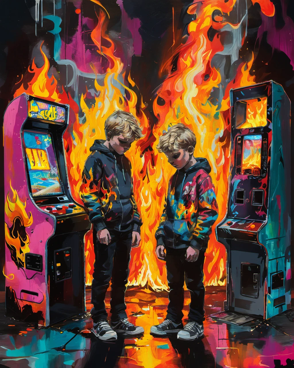 CRCLG style, abstract graphic design, very sad, a young boy standing, an arcade cabinet engulfed in flames, vibrant colors on black background, detailed brushstrokes, expressive painting, micro detailed texture painting