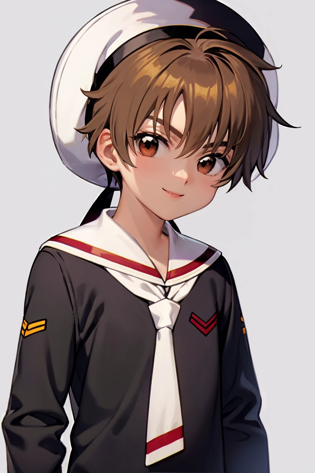 masterpiece, best quality,
1boy, lisayaoran, brown hair, brown eyes, black shirt, long sleeves, sailor collar, sailor hat, school uniform, black shorts, tomoeda elementary school uniform,
smile,  upper body, solo, looking at viewer, simple background   <lora:LiSyaoran:1>