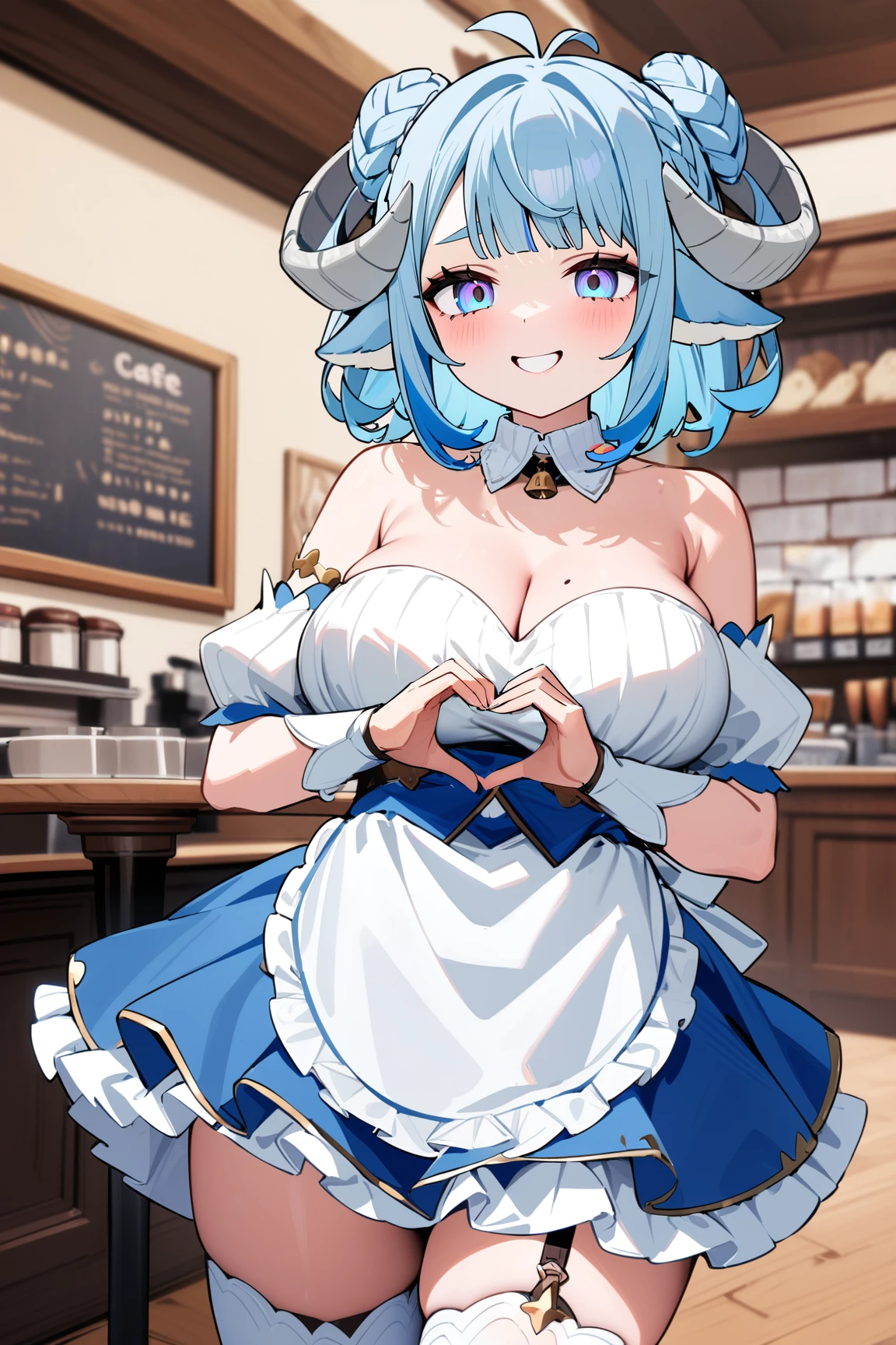 (8K、Highest quality、highest quality、masterpiece)、Detailed face、One girl、Rem from Re:Zero、Light blue hair 、short hair、twintails、blunt bangs、Grey Eyes、evil smile、((Grin))、((Maid clothes))、((White panties))、((bent over))、Back Alley Background、Very large breasts、Nipples are visible、、Black Pantyhose、Milk dripping from nipples、Milk spurting from the nipple、Place the breast on the tray