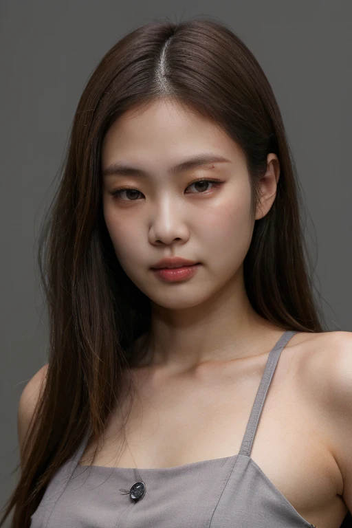 masterpiece, best quality, ultra-detailed, ultra high res, (photorealistic:1.4), raw photo, (realistic:0.2), 8k HDR, realistic lighting, 1girl, solo, asian, asymmetrical hair, (detailed pores), (detailed skin textures), (detailed face), (simple gray background :1.2), (upper body:1.2), simple dress, sleeveless, close up,