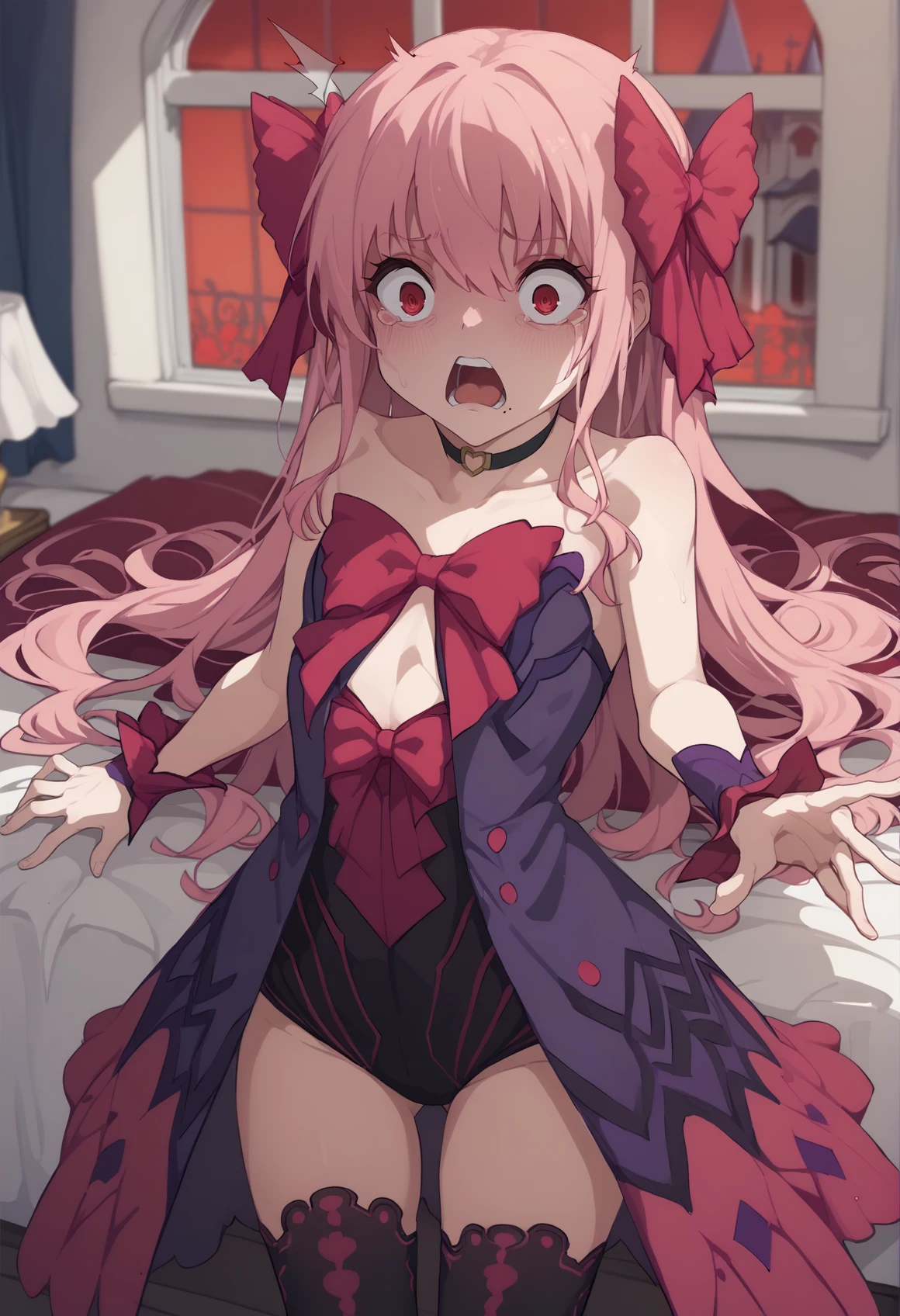 1girl, really long hair, pink hair, red eyes, mole under mouth, hair bow, choker, ribbon, leotard, center opening, bare shoulders, black thighhighs, wrist cuffs, laying, standing, cowboy shot, indoors, gothic, bedroom, castle, window, red moon shocked, surprised. scared. tears, funny,<lora:Apostle_Noel:0.8> <lora:KakureEriaPDXL-(jack cat) :1>, score_9, score_8_up, score_7_up, score_6_up, score_5_up, score_4_up, BREAK source_anime, masterpiece