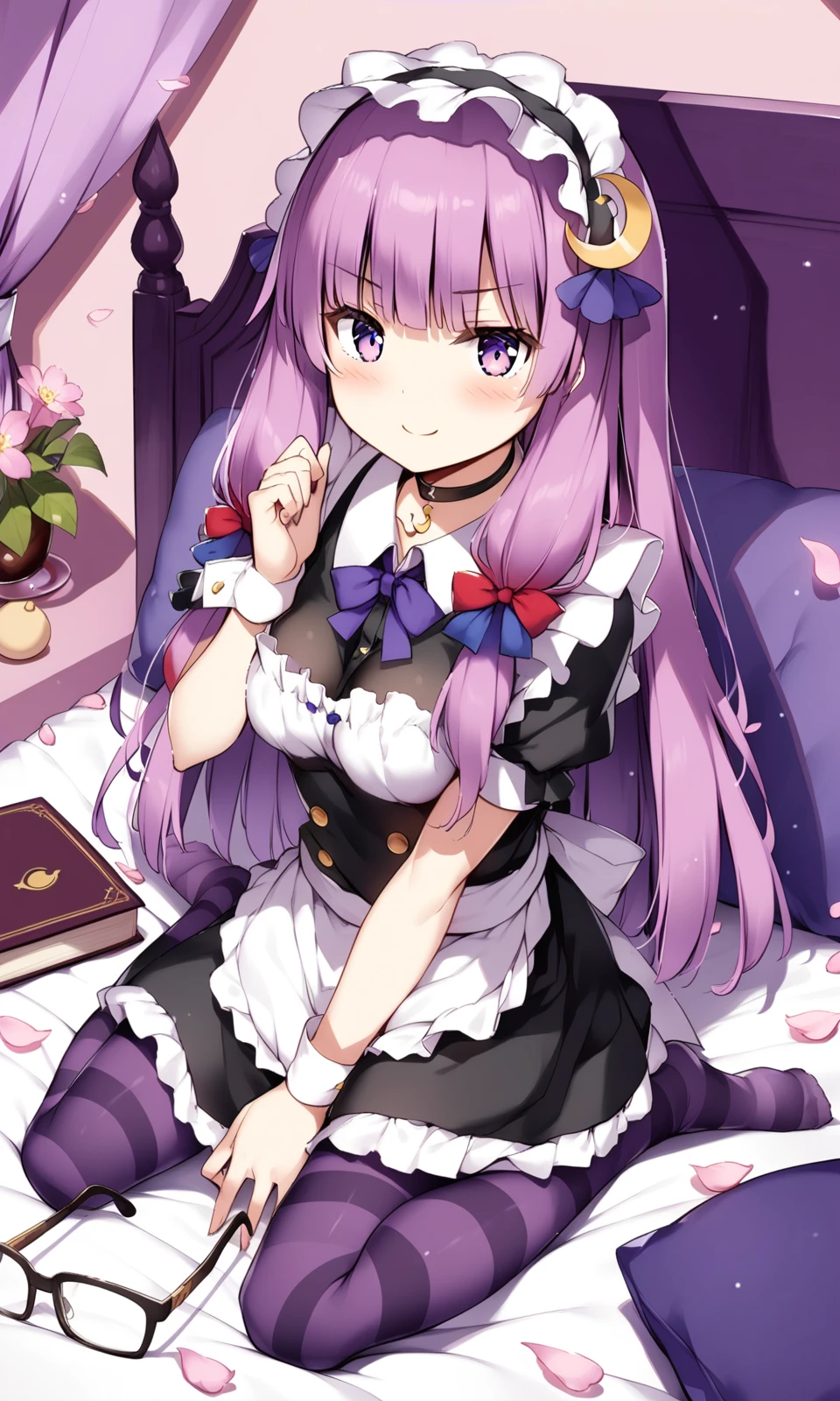 1girl, sensitive, patchouli knowledge, solo, long hair, breasts, looking at viewer, blush, smile, dress, bow, sitting, medium breasts, purple eyes, purple hair, flower, short sleeves, pantyhose, alternate costume, choker, glasses, striped clothes, black dress, apron, red bow, wrist cuffs, pillow, maid, book, maid headdress, petals, black choker, bed, blue bow, no shoes, wariza, white apron, crescent, waist apron, pink flower, maid apron, enmaided, unworn eyewear, crescent hair ornament, striped pantyhose