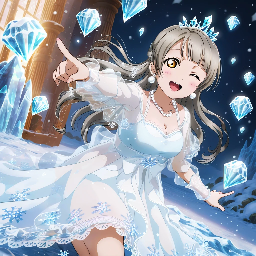 minami kotori, love live!, gray hair, amber eyes, long hair, 1girl, detailed ice blue background, one eye closed, dress, smile, open mouth, bow, necklace, jewelry, looking at viewer, pearl necklace, see-through, blush, earrings, ;d, black bow, snowflake, light blue dress, hair ornament, fantasy, beads, white dress, collarbone, ice palace, mystical, ice, winter, snowy, snow, cleavage, bare legs, ice tiara, magic, magical energy, icy winds, frost, casting magic, ice magic, see-through, ice floor, ice walls, ice gloves, pointing at viewer,
BREAK
score_9, score_8_up, score_7_up, score_6_up, source_anime
