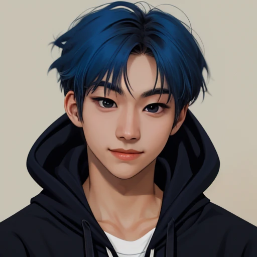 1boy, solo, hwatemp, portrait,( focus on face:1.2), male focus, looking at the viewer, early twenties, blue hair. BREAK,
(black eyes:1.2), BREAK,
short hair, blurred background, happy, hoodie, summer, <lora:Hwarang_TEMPEST:1>