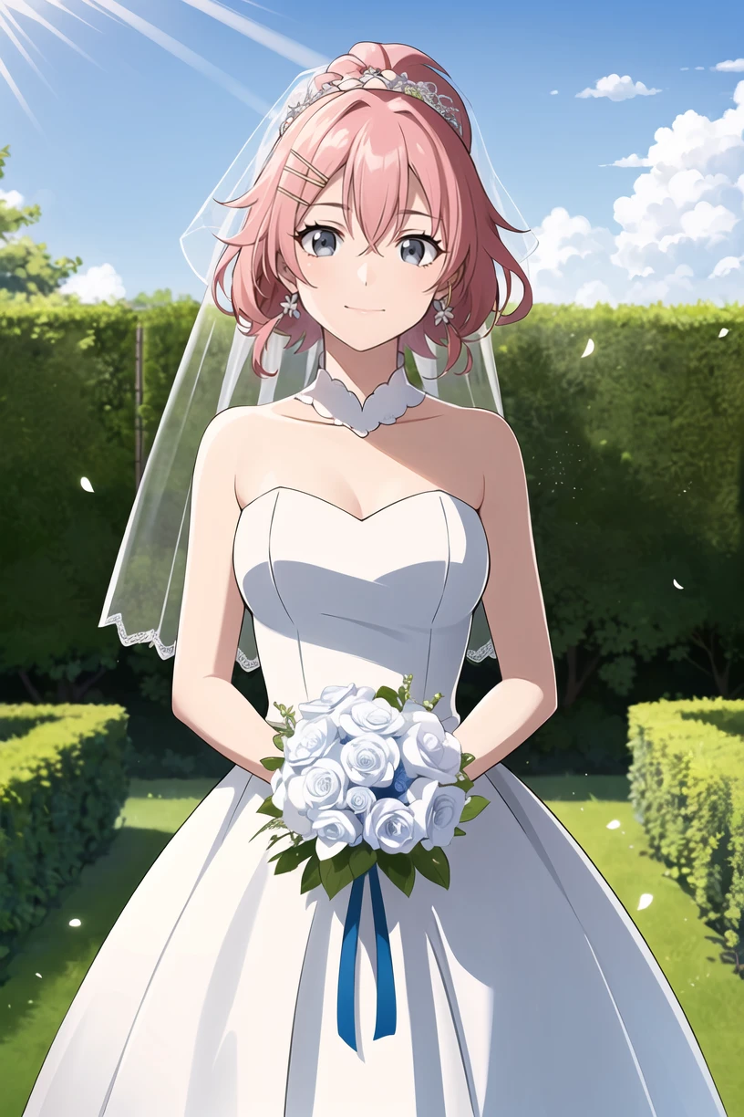 best quality,masterpiece,looking at viewer,absurdres,1girl,
depth of field,<lora:012-é£è½®å°å¹´-éå±±éèæV1-000012:0.7>,noyamano mikan,pink hair,short hair,grey eyes,hairclip,hair ornament,(wedding dress:1.2),white dress,veil,garden,outdoors,standing,holding bouquet,blue sky,cloud,smile,half updo,french braid,ponytail