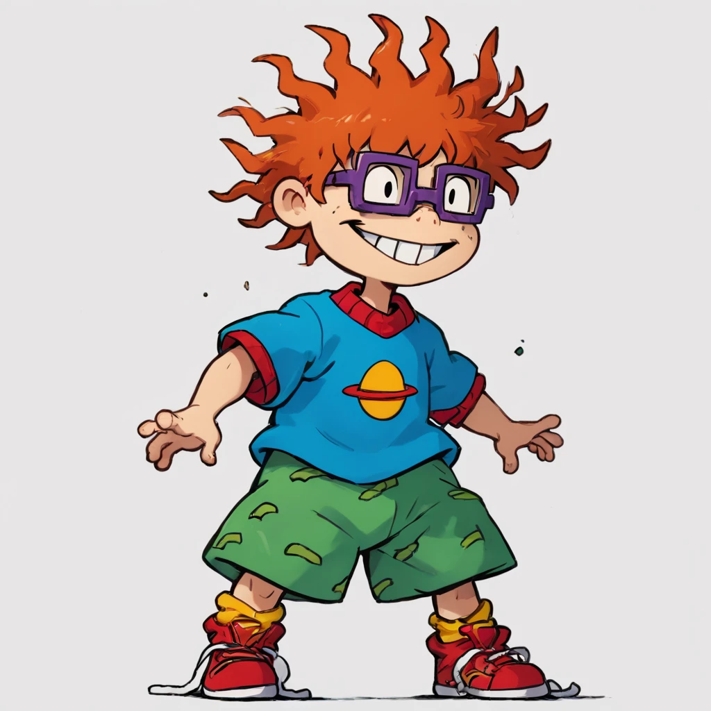 score_9, score_8_up, score_7_up, score_6_up, score_5_up, score_4_up, source_cartoon, BREAK, rating_safe, BREAK ChuXL, solo, 1boy, male, a little redhead toddler boy with messy hair, freckles, purple glasses, buck teeth, blue shirt with red collar, green shorts, yellow socks and untied red sneakers, smiling, happy, standing