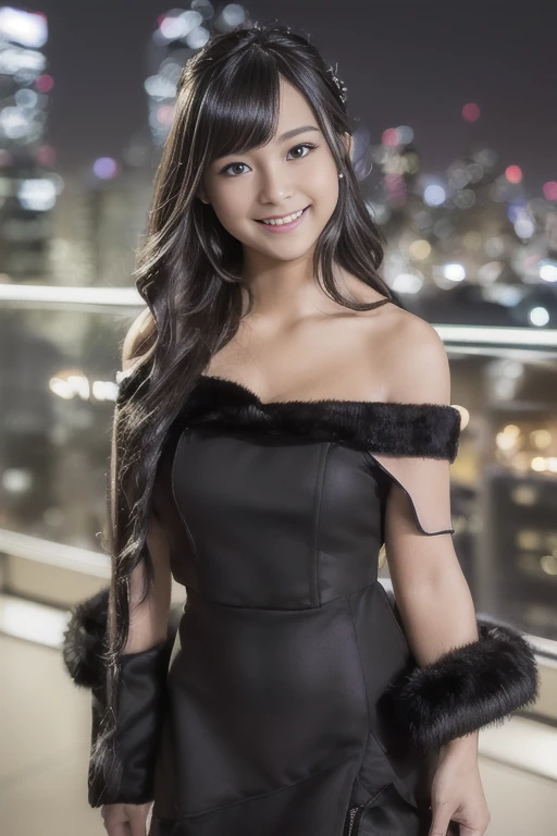 1girl, (black dress:1.8),(fur-trimmed jacket:1.6),(off shoulder, sleeveless:1.6),(RAW photo, best quality), (realistic, photo-realistic:1.8), masterpiece, an extremely delicate and beautiful, extremely detailed, 2k wallpaper, Amazing, finely detail, extremely detailed CG unity 8k wallpaper, ultra-detailed, highres, beautiful detailed girl, extremely detailed eyes and face, beautiful detailed nose, beautiful detailed eyes,(professional lighting:1.6),(night, downtown:2.0),(close up face:1.6),perfect anatomy,(blurry,bokeh backgound),(slender body:1.6),(light smile,cheerful,friendly, warm:1.8),(looking at viewer:1.8),(standing:2.0),(young japanese idol:1.8),(brown long hair:1.8), (brown eyes:1.8), (cleavage:0.8), dalcefo, <lora:youmiyahina_lora-chilled_03:0.8>