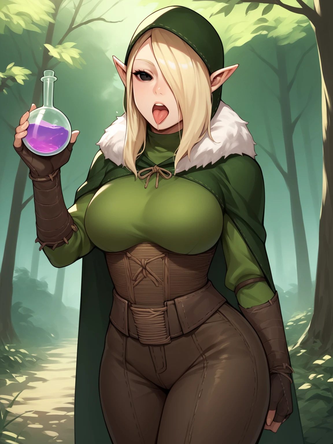 score_9, score_8_up, score_7_up, score_6_up, score_5_up, score_4_up, BREAK, source_anime,
1girl, kerillian drinking a potion, blonde hair, hair over one eye, black eyes, hood, fur trim, elf,  cloak, leather pants, armor, pointy ears, fingerless gloves,  taunting viewer, large breasts, wide hips, tongue out, open mouth,
looking at viewer, solo, outdoors, trees, forest background   <lora:KerillianXL:1>