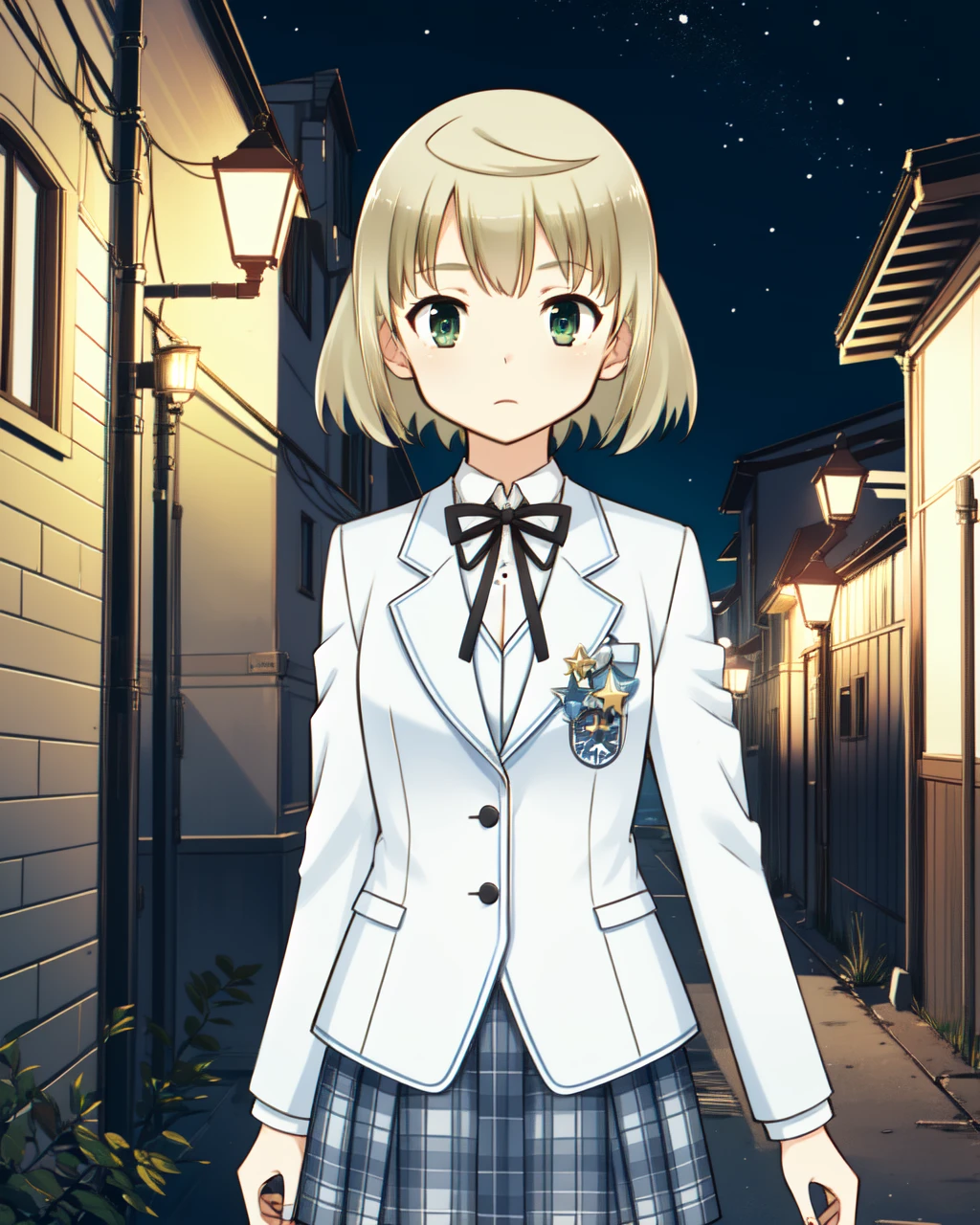 masterpiece, high quality, medium shot, upper body, 1girl, pmmmtart, walking, blonde hair, short hair, ahoge, green eyes, blue striped skirt, white jacket, white shirt, black bowtie, day, outdoors, alley, night, moonshine, sky, stars, <lora:pmmmtart-000008:0.8>