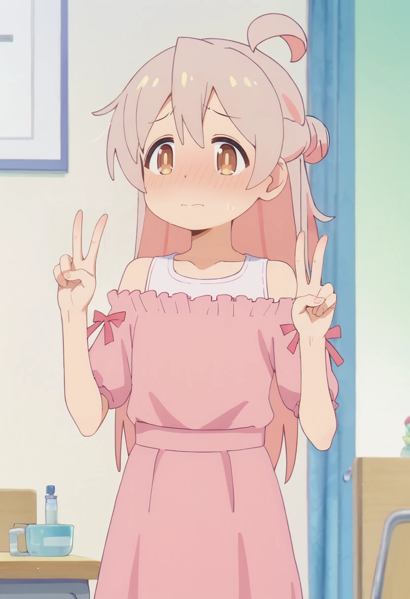 ((Oyama mahiro)), (Anime 1.5), ((Masterpiece)), (High Definition:1.3), (Professional Photography:1.2), wide shot, (flat body), pale ivory hair, silky long hair, undress, (undress oversided school-uniform), (close eyes),(blush, very flustered face, open mouth wide), sweaty, cute and beautiful, ahoge, ((Surprised Pose)), in the room