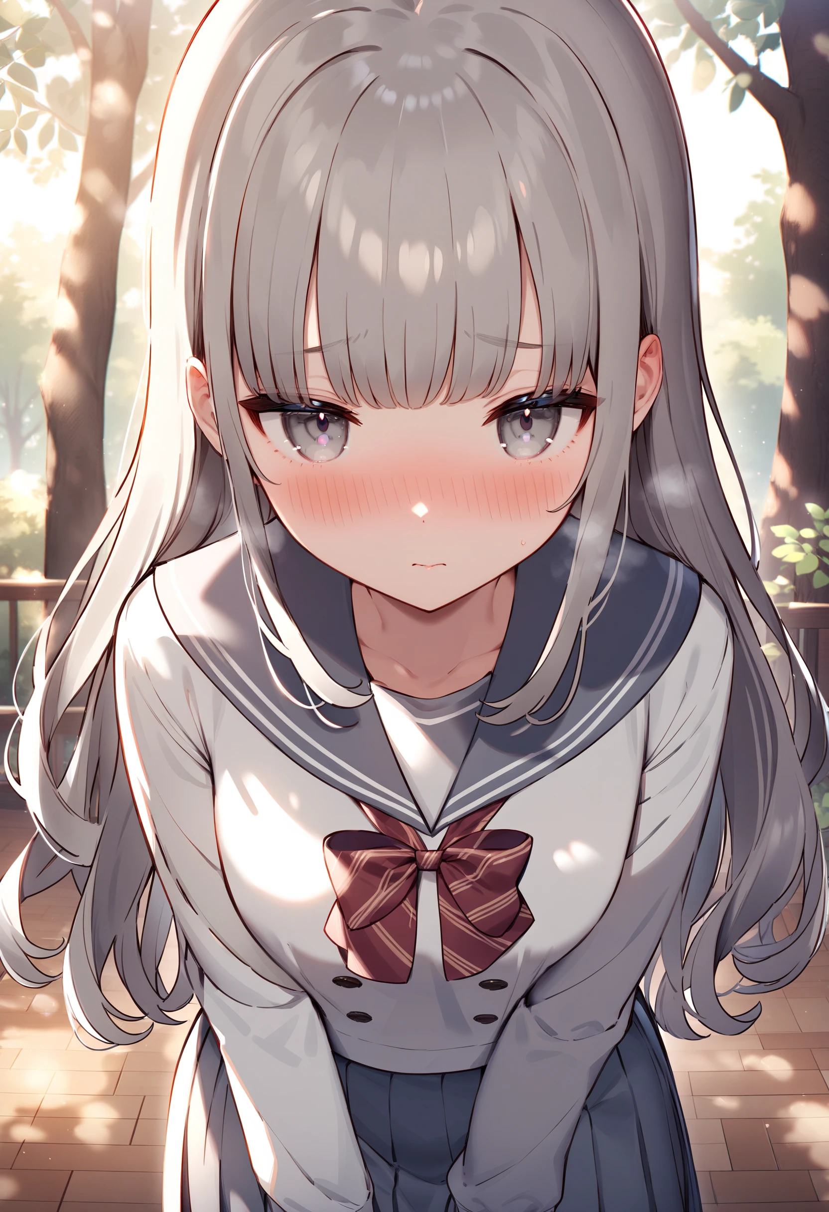<lora:Animagine_Style5726786029:0.8>, 1girl, solo, bangs, blush, looking at viewer, indoors, outdoors, best quality, bow, closed mouth, cowboy shot, embarrassed, eyebrows hidden by hair, grey eyes, grey hair, long hair, long sleeves, sailor collar, school uniform, sidelocks, standing, tree