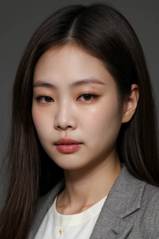 masterpiece, best quality, ultra-detailed, ultra high res, (photorealistic:1.4), raw photo, (realistic:0.2), 8k HDR, realistic lighting, 1girl, solo, asian, asymmetrical hair, (detailed pores), (detailed skin textures), (detailed face), (simple gray background :1.2), (upper body:1.2), black suits, close up,