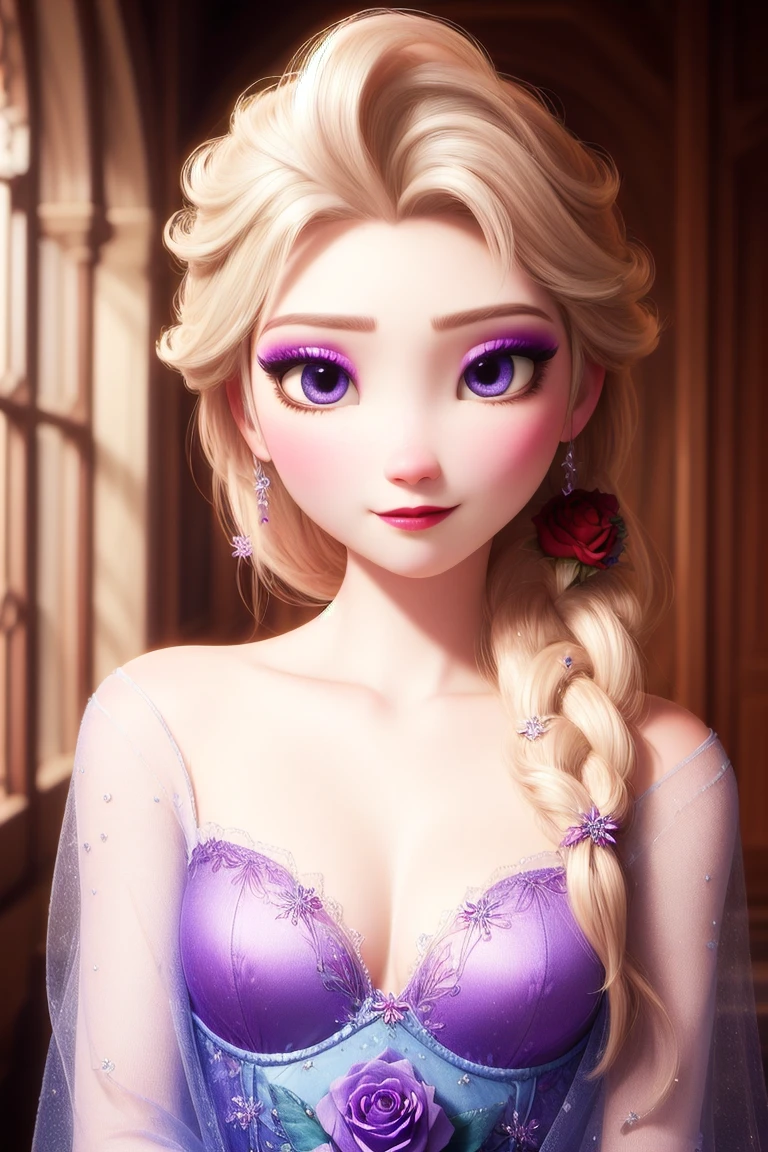 best quality,masterpiece, pretty face,<lora:more_details:0.3>,1girl,elsa,Small breasts, chubby face,makeup,detail face,blush,purple eyeshadow, rose on hair,upper body,<lora:elsa-dalle3:0.7>, looking at viewer, white dress,