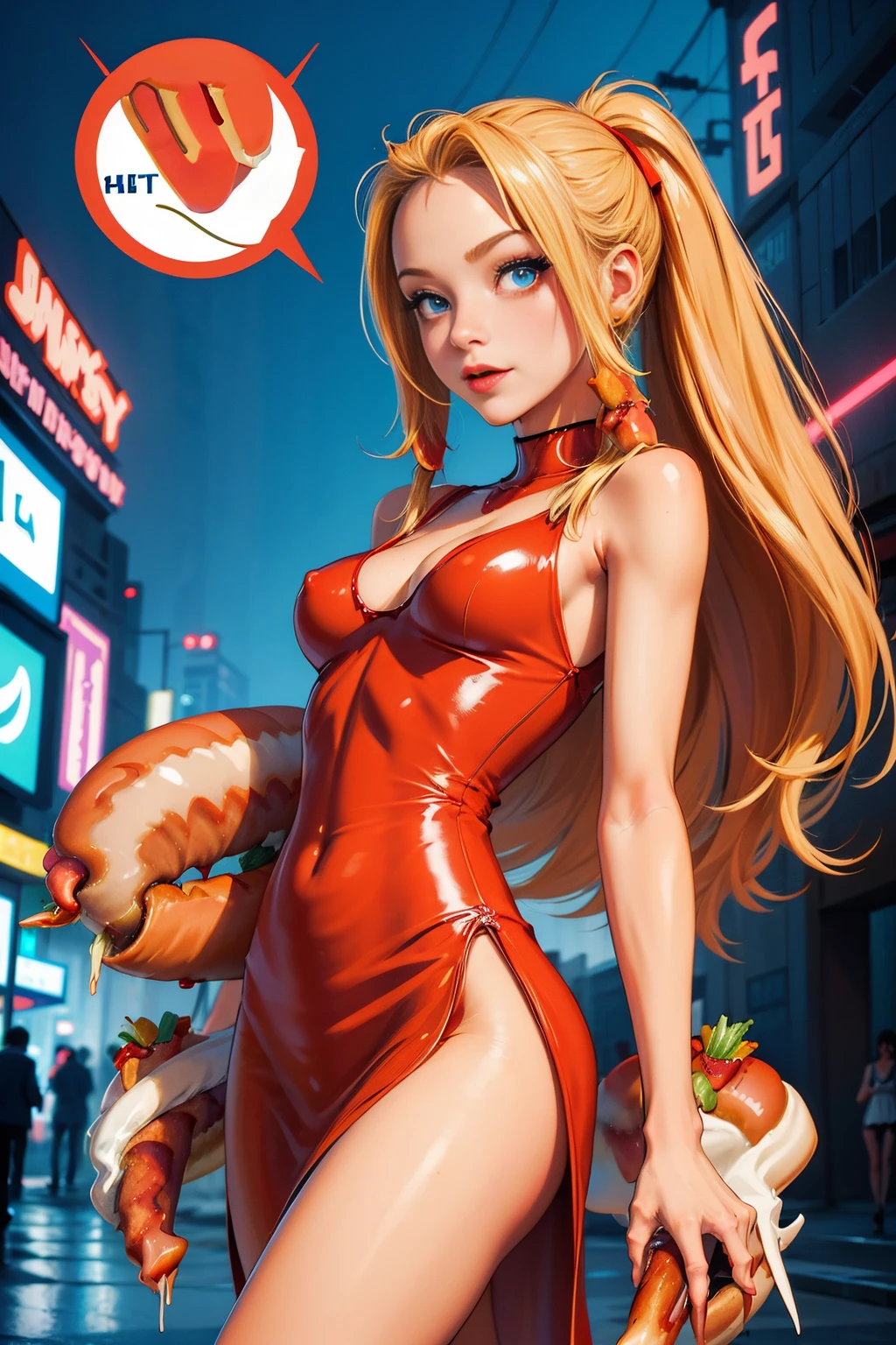 <lora:HotDogWorld:1> HotDogWorld  (1woman sexy skinny NICE dress:1.3) on the (cyber  city:1.3)