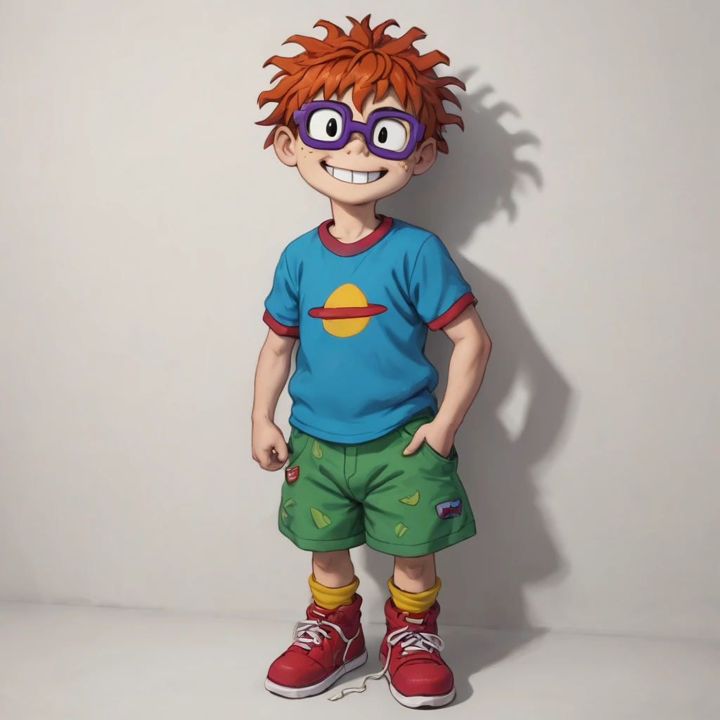 score_9, score_8_up, score_7_up, score_6_up, score_5_up, score_4_up, source_cartoon, BREAK, rating_safe, BREAK ChuXL, solo, 1boy, male, a little redhead toddler boy with messy hair, freckles, purple glasses, buck teeth, blue shirt with red collar, green shorts, yellow socks and untied red sneakers, smiling, happy, standing