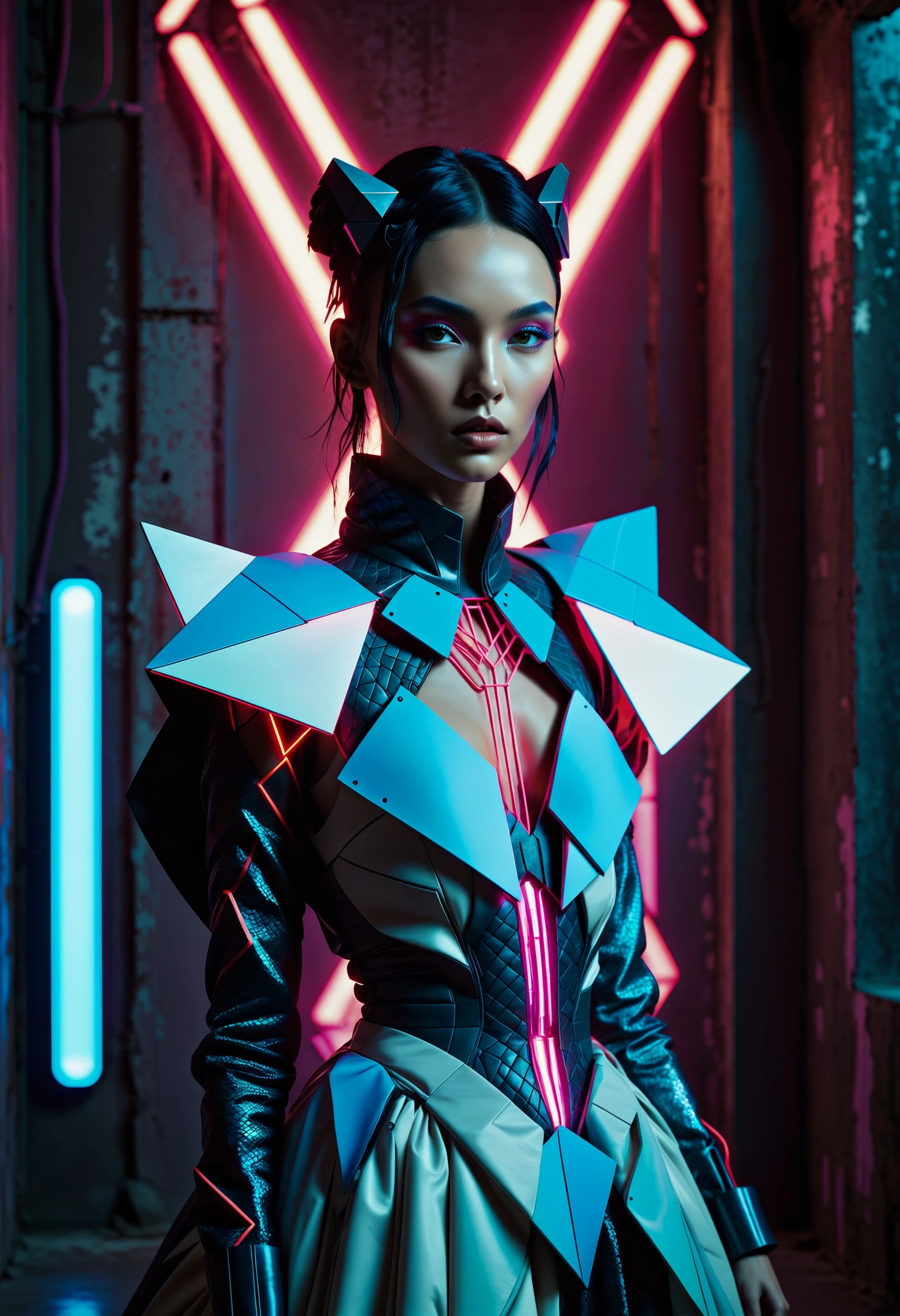 imagine, dream of, breathtaking cinematic photo Neon Light, futurcouture, geometric, fashion, avant-garde, Lightcore, Kodachrome, The image is a vibrant representation of futuristic fashion trends. The focal point is a neon light, which adds a touch of modernity to the scene. The geometric patterns in the background create a sense of depth and dimension. The model wearing avant-garde clothing showcases the latest fashion styles. The overall color palette is dominated by bold shades of blue and pink, reminiscent of Lightcore and Kodachrome films. The high-quality resolution of the image enhances every detail, making it a captivating visual feast. . 35mm photograph, film, bokeh, professional, 4k, highly detailed . award-winning, professional, highly detailed