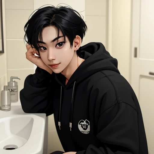 1boy, solo, hwatemp, portrait,( focus on face:1.2), male focus, looking at the viewer, early twenties, black hair. BREAK,
(black eyes:1.2), BREAK,
short hair, blurred background, happy, hoodie, bathroom, <lora:Hwarang_TEMPEST:1>