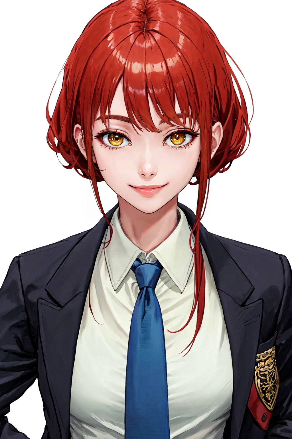masterpiece, best quality, official art, nikkeearth_style, long sleeves, white background, medium breasts, white shirt, suit, simple background, looking at viewer, jacket, black necktie, formal, solo, closed mouth, yellow eyes, sidelocks, necktie, red hair, smile, black jacket, upper body, ringed eyes, 1girl, jacket on shoulders, shirt, finger to mouth, collared shirt <lora:GoddessofNikke_EarthSD15:0.8>