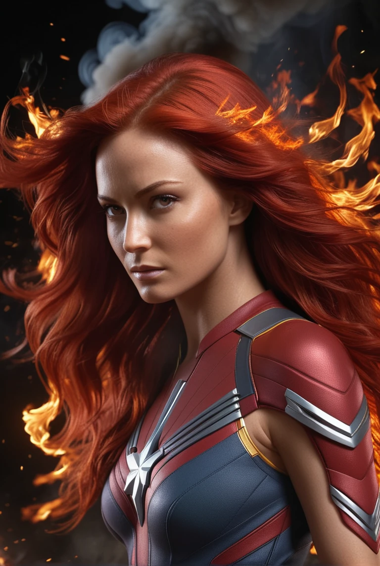 masterpiece, top quality,phoenix dark is x-men, beautiful and aesthetic:1.2, (1girl:1.3), (full body:1.5),red suitbody ,looking at viewer,fire hair, extreme detailed,(fire hands:1.5),fire,smoke,goddess, detailed, detail fingers, detail face, masterpiece,ultra realistic,32k,extremely detailed CG unity 8k wallpaper, best quality