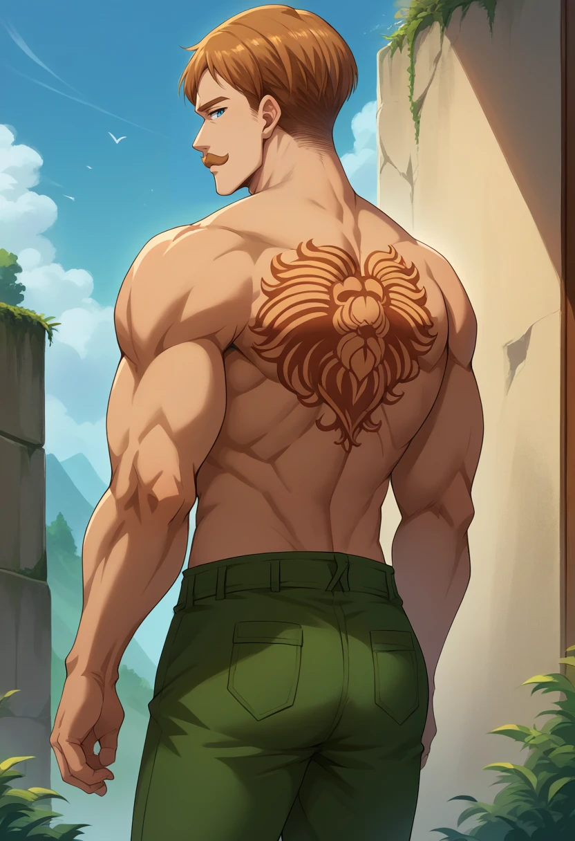 score_9, score_8_up, score_7_up, source_anime, 1boy, solo, Escanor, muscular, short hair, brown hair, mustache, blue eyes, topless male, green pants, back tattoo, lion tattoo, from behind, standing, outdoors, <lora:ChamEscanorPonyXL:1>